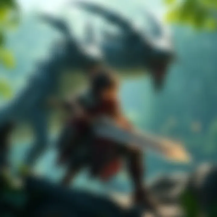 Heroic Monster Hunter Character A fierce Monster Hunter character in battle stance, ready to take on a giant dragon in a lush forest setting.