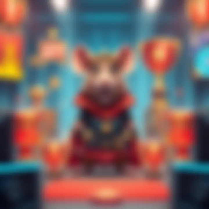 A gaming scene featuring a stylized rat character wearing a heroic outfit, surrounded by achievements and trophies, symbolizing the journey to becoming a Heroic Rat.