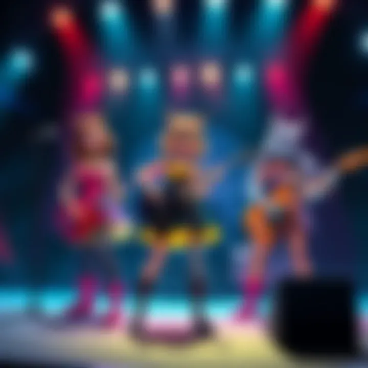 The Hex Girls, a trio of animated rock band members, perform on stage with colorful outfits and guitars.