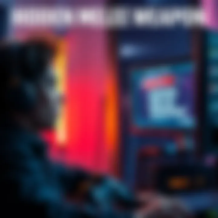 Hidden Melee Weapon A gamer looking surprised while playing, with a computer screen showing a game interface where a hidden melee weapon is marked as missed.