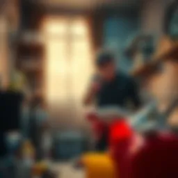 A person examining everyday items for hidden threats like spills, clutter, and sharp objects in a home setting.