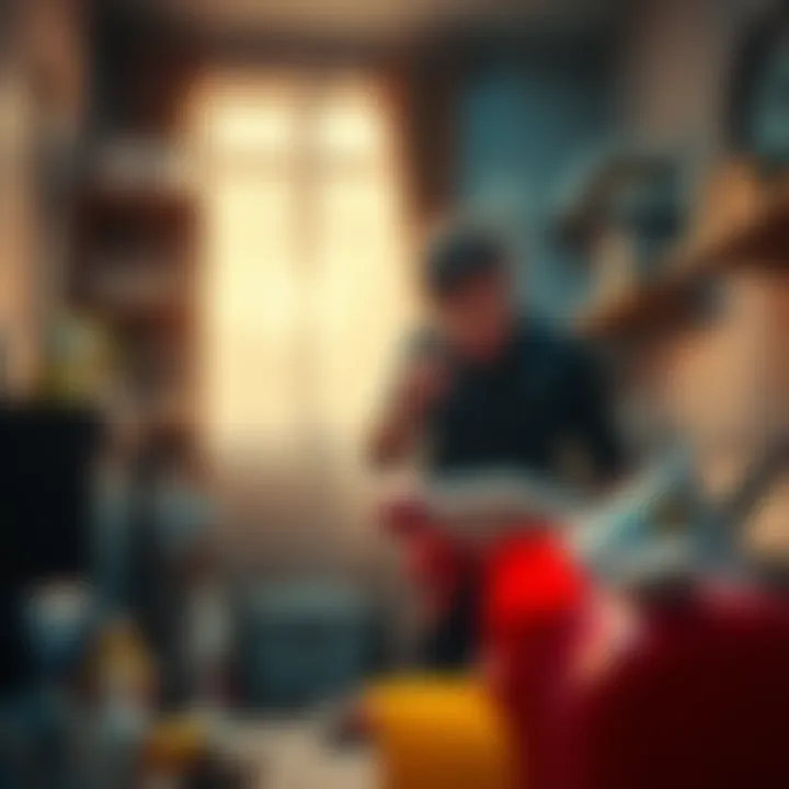 A person examining everyday items for hidden threats like spills, clutter, and sharp objects in a home setting.