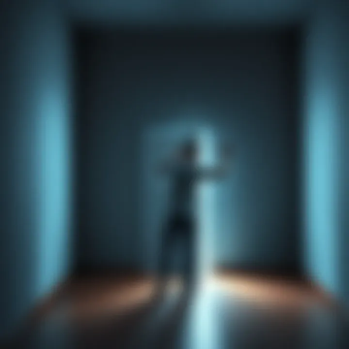 A person stands surprised in front of a hidden door in a wall, about to open it