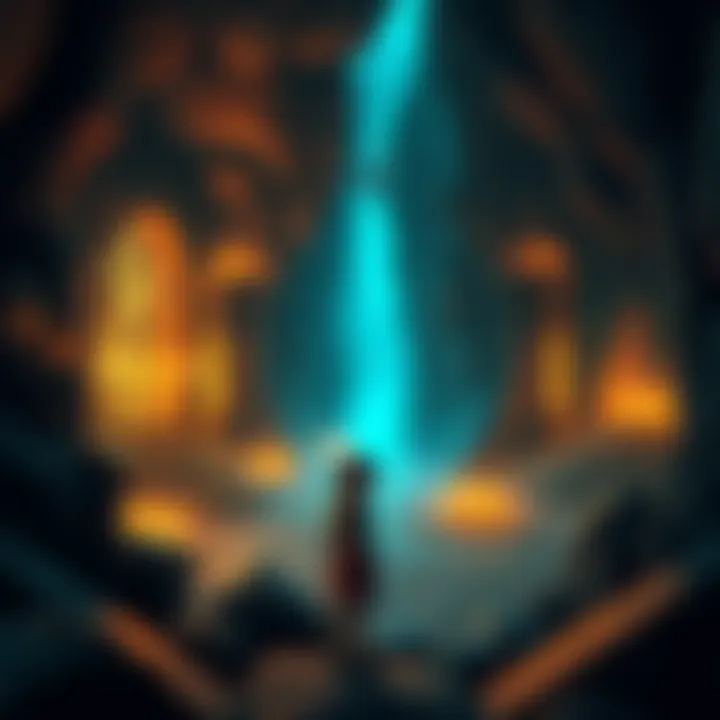 A character exploring a hidden dungeon in Valhalla, with glowing treasures and ancient walls around them