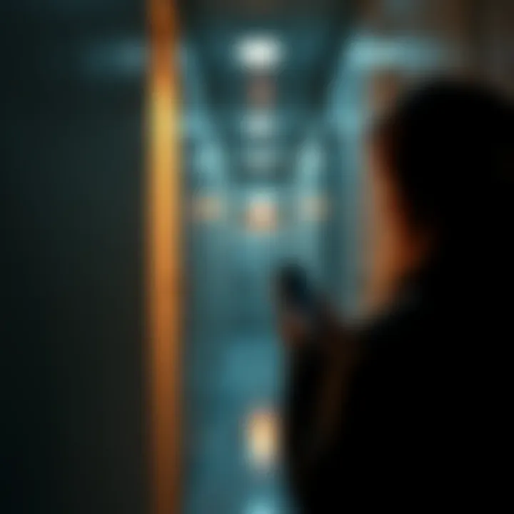 A person examining a wall for hidden entrances, looking closely at an area with no visible access