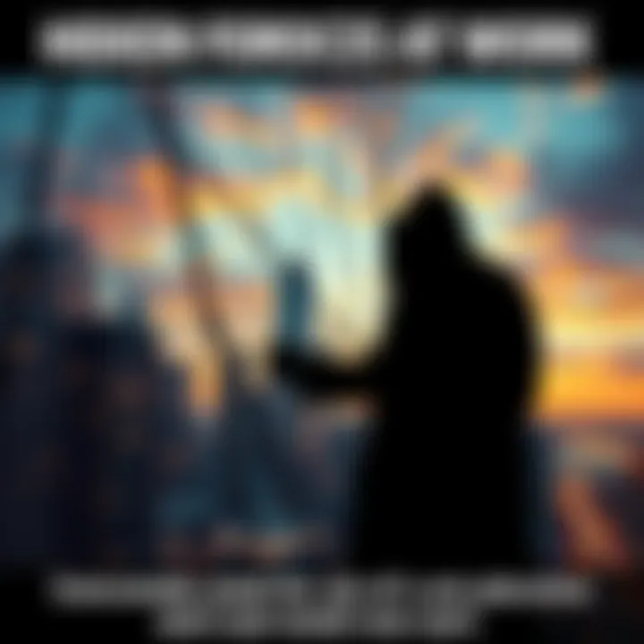 A shadowy figure manipulates strings attached to a city skyline, symbolizing hidden influences shaping society.