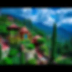 A scenic view of an overlooked travel destination with lush greenery and unique architecture