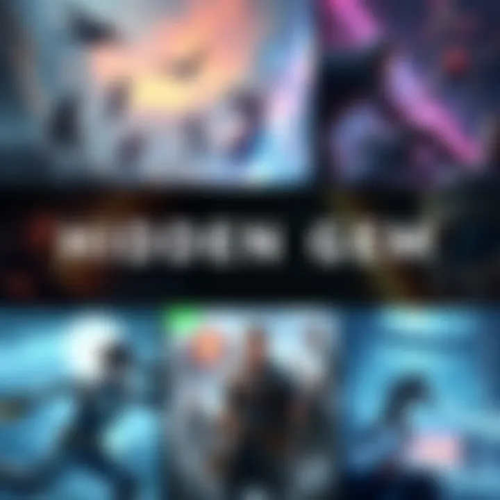 A collage of lesser-known video games featuring open worlds and challenging combat scenes, showcasing unique art styles and diverse gameplay.