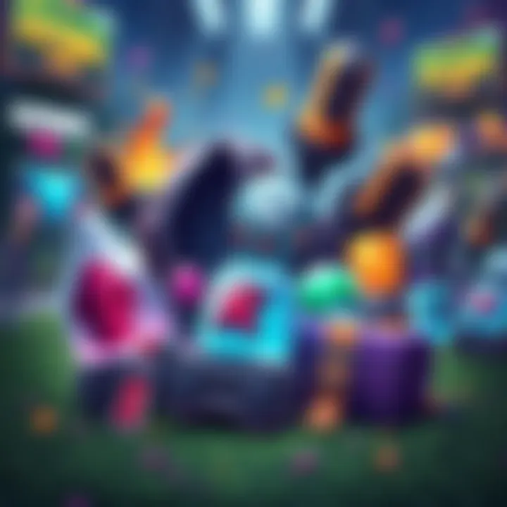 An illustration showing various hidden items revealed in a datamine, related to clan events and new game content, set against a gaming backdrop.