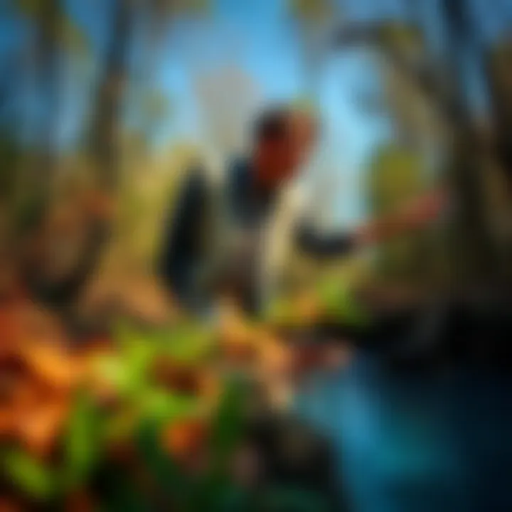 Hidden Pool Claims Investigation A person examining a wooded area, looking for signs of a hidden pool. The scene shows skepticism and curiosity.