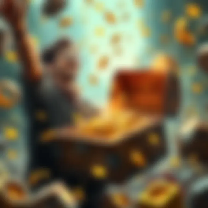 A person joyfully holding a chest full of gold coins and jewelry, surrounded by excitement.