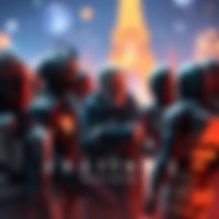 Hideo Kojima interacting with characters from Destiny 2, discussing gameplay ideas with a colorful game backdrop