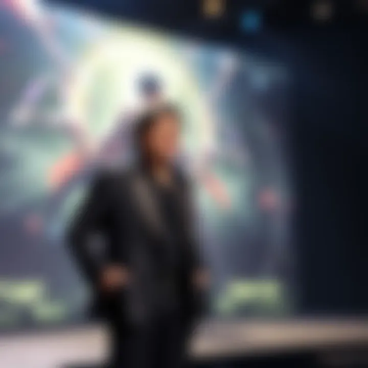 Hideo Kojima stands on stage, excitedly announcing the lead actor for his new game PHYSINT, with a backdrop of game artwork.