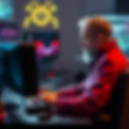 Higgs character sitting at a computer, looking at emails with a thoughtful expression, representing his dual identity as Peter Englert.