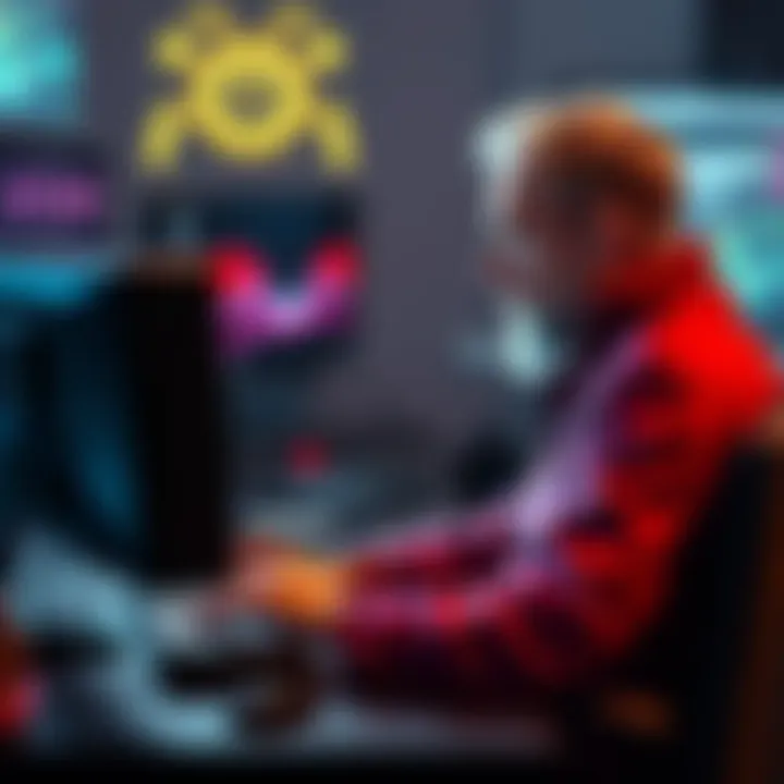 Higgs character sitting at a computer, looking at emails with a thoughtful expression, representing his dual identity as Peter Englert.
