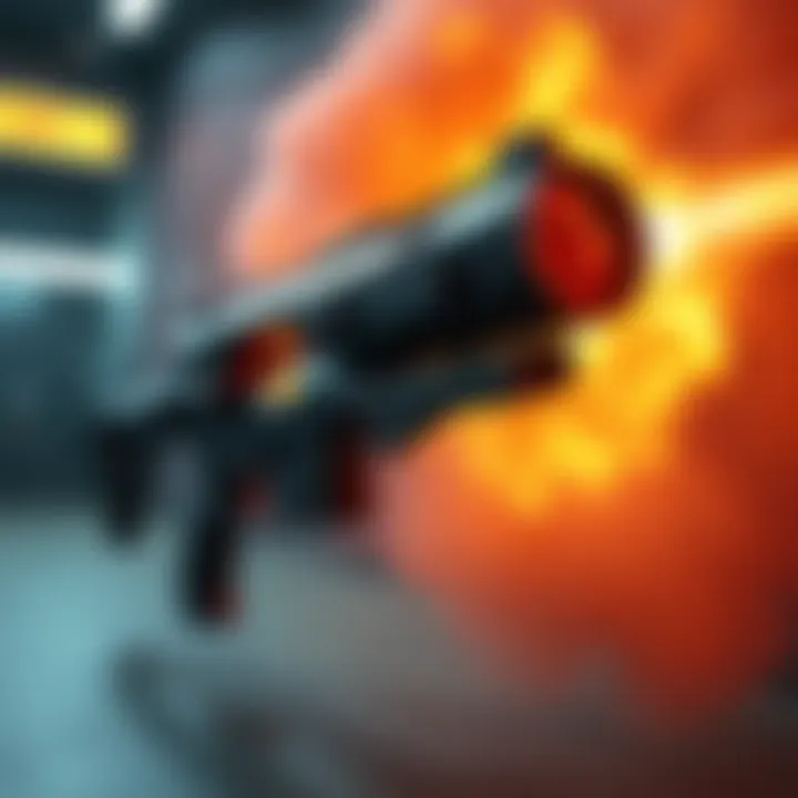 A futuristic high explosive round machine gun with a sleek design, demonstrating advanced firepower capabilities in a combat setting.