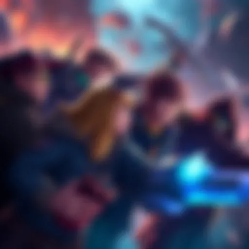 Group of experienced players engaging in a battle in the game Stonewood, showcasing teamwork and strategy as others look on.