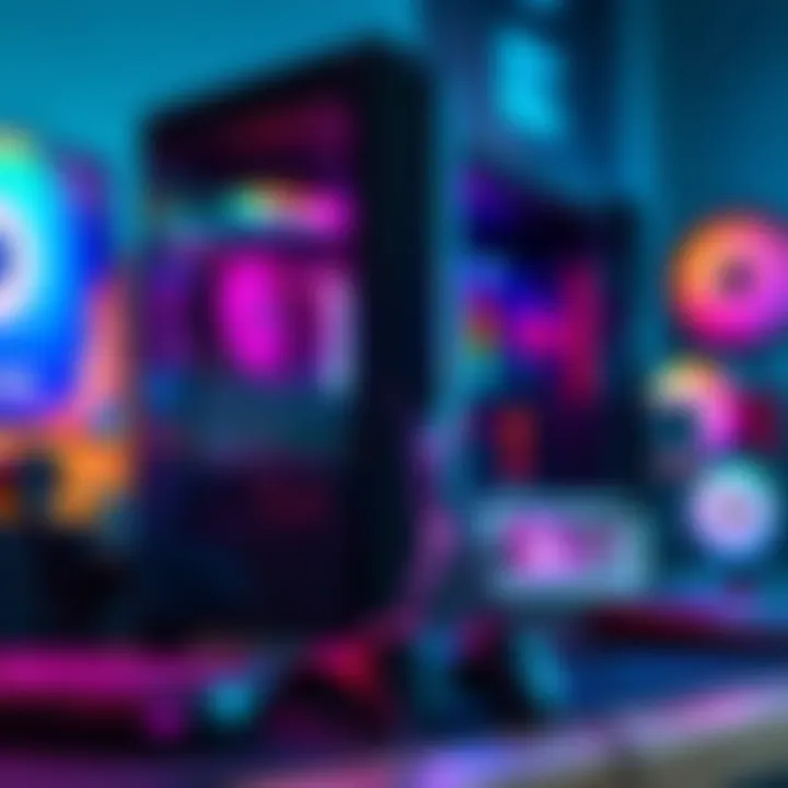 A powerful gaming PC with a sleek design and colorful LED lighting, set up on a desk with gaming accessories