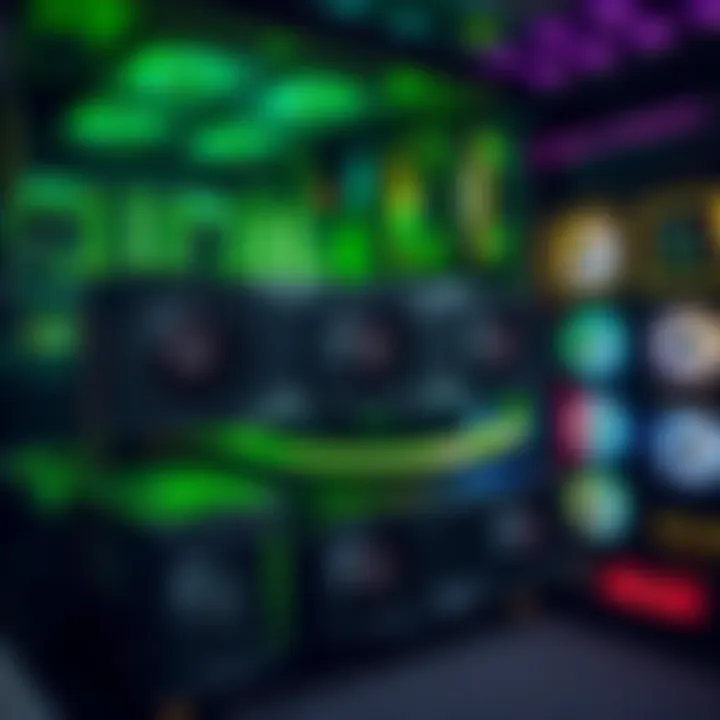 A powerful PC setup showcasing seven RTX 5090 GPUs connected together with a dual Corsair power supply in a tech-filled environment.