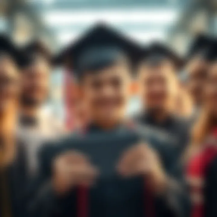 High school graduate in cap and gown A proud young graduate wearing a cap and gown holds a diploma with friends celebrating around him.