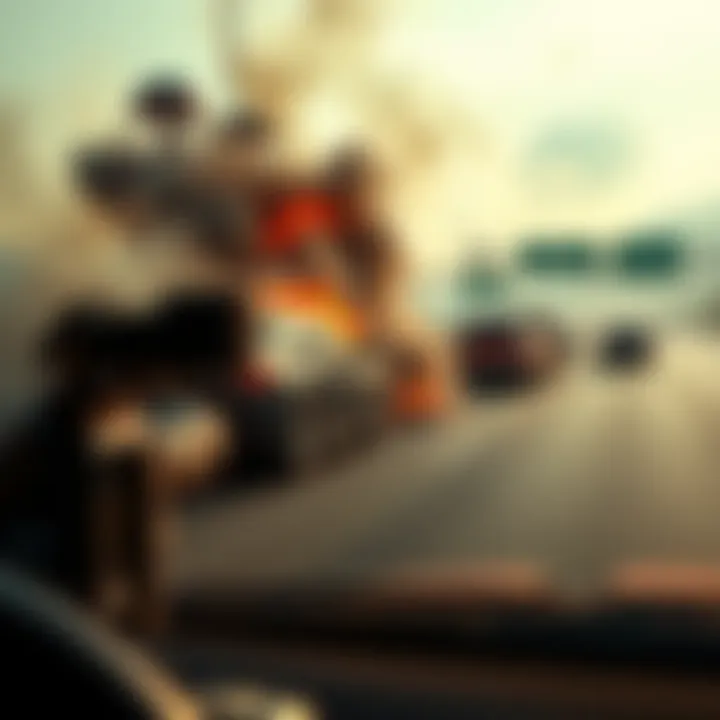High-Speed Crash on Highway A dramatic scene showing a high-speed crash on the highway, with vehicles damaged and smoke rising. A camera is capturing the event from a nearby car.