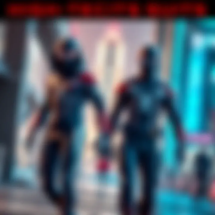 Peter Parker and Miles Morales wearing their advanced high-tech suits, showcasing futuristic designs and features in an urban backdrop, ready for action.