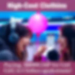 A shocked person looking at a price tag of girl's clothes, comparing it to a tank extraction cost, with a playful balloon in the background.