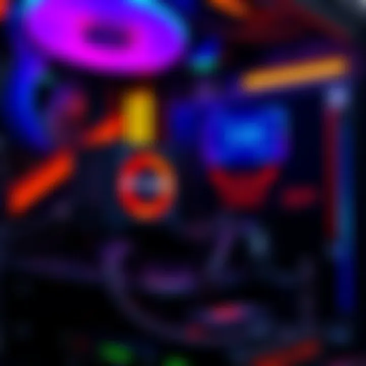 A close-up view of a computer build showing a Ryzen 7 7800x3d CPU and Lian Li Galahad Trinity 2 cooling system with a temperature reading displayed on a monitor, indicating high CPU temperatures.