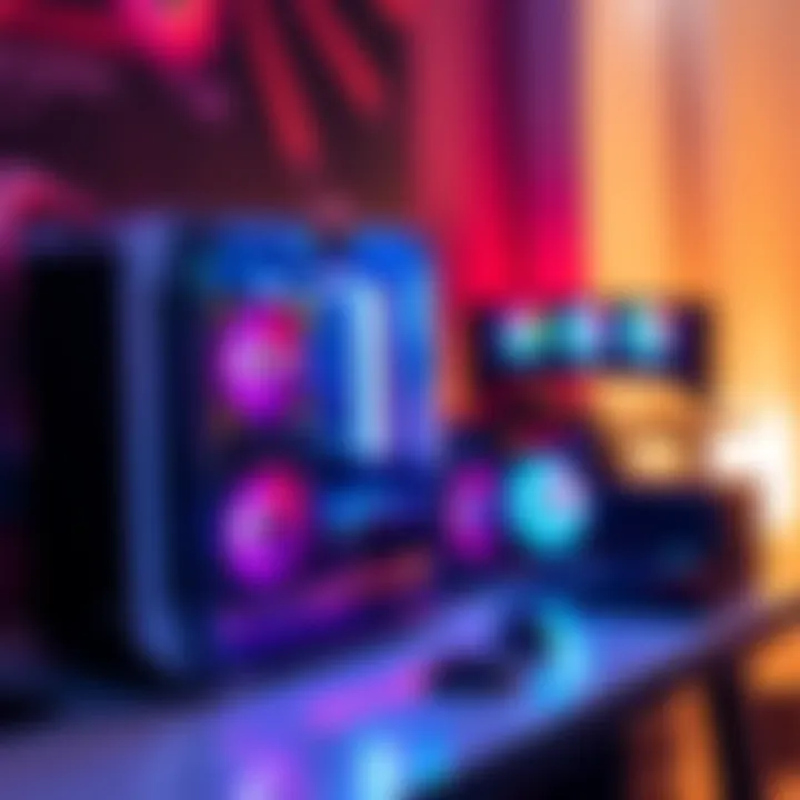 A powerful gaming PC featuring an AMD Ryzen 9 9950X processor, 64GB RAM, an RTX 5080 graphics card, and a 2TB SSD, placed on a sleek desk with colorful lighting.