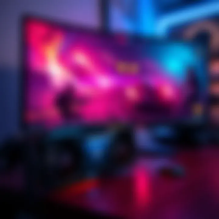 A powerful graphics card displayed beside a 32-inch 4K UHD monitor showcasing a vibrant gaming scene