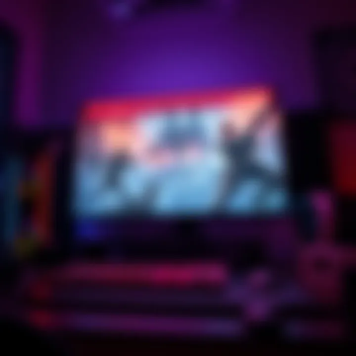 A high-end gaming PC with RGB lights and a large monitor displaying a game in action, illustrating performance issues.