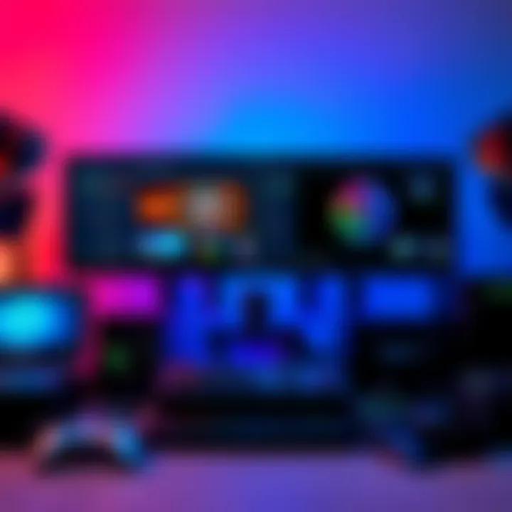 High-End PC Setup A high-end PC with dual monitors displaying productivity software and gaming applications, surrounded by gaming accessories