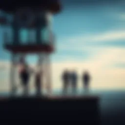 A group of high-IQ individuals standing alone in a tall watchtower, looking out over a distant horizon, emphasizing their isolation and exclusivity.