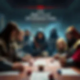 A group of diverse high-level DnD characters, showcasing different classes and abilities, gathered around a table with dice and character sheets