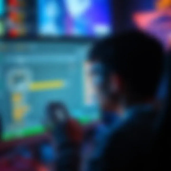 A frustrated person looking at a computer screen showing high ping results, with a slow loading icon and network signal bars