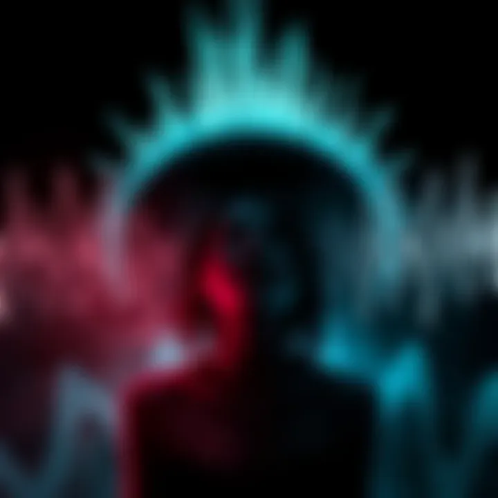 An abstract illustration of sound waves with a faint silhouette of a woman's face in the background, suggesting a scream, set against a dark background.