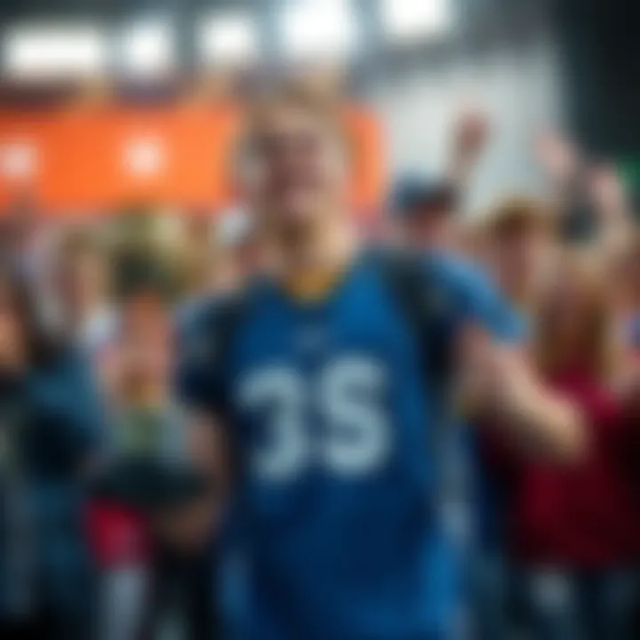 A high school athlete celebrating with a second place trophy, showing mixed emotions of pride and disappointment in front of cheering peers