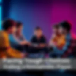 A group of high school students sit in a circle, looking concerned while discussing a player’s behavior that is offensive to others. Some members appear thoughtful, and others look frustrated or uncomfortable. They are surrounded by gaming equipment like controllers and dice.