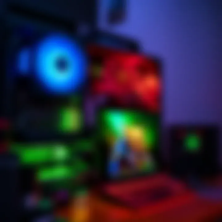 High-End Gaming Rig Setup A powerful gaming computer setup showcasing high-end components like a graphics card, motherboard, and cooling system, with a screen displaying a classic 2013 game at high frames per second.