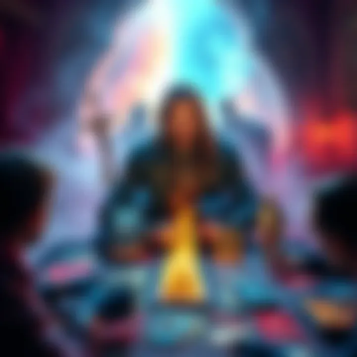 A colorful Highlander card game setup featuring various cards and a player contemplating strategies for astral projection outcomes.