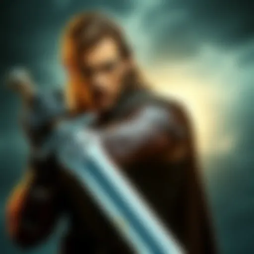 A warrior resembling McCloud from Highlander, holding a sword with a determined expression, standing against a dramatic background.