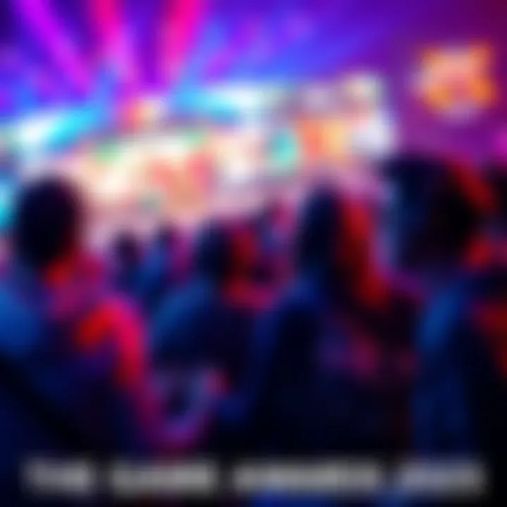 Gamers enjoying the highlights from The Game Awards 2025 with colorful game trailers in the background