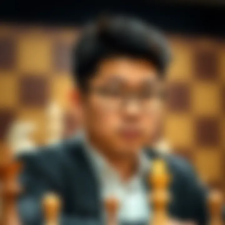 Hikaru Nakamura sharing his thoughts after Magnus Carlsen's championship victory, with a focused expression and chess pieces in the background.