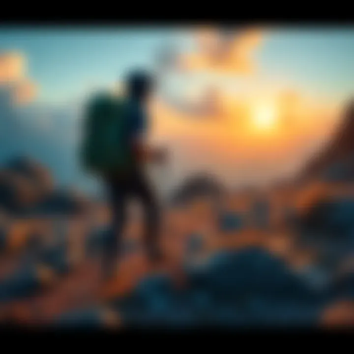 A person hiking through a rocky area with a backpack, showcasing alternative travel methods in challenging landscapes.