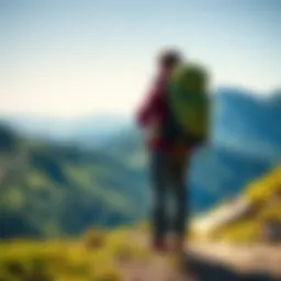 A hiker standing on a mountain trail, wearing a large backpack, contemplating the best backpack size for hiking. The scenery features lush green hills and a clear blue sky.