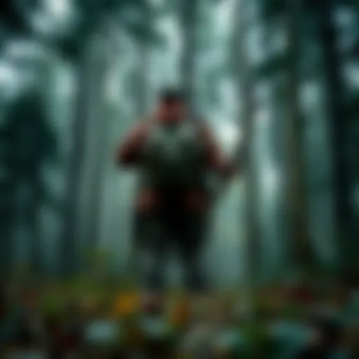 A person in camouflage clothing standing with a bow in a dense forest setting, ready for hunting.