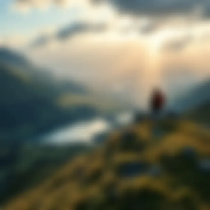 Hiker in the Lake District A person hiking on a hillside in the Lake District, surrounded by green valleys and scenic views, reflecting the journey in Death Stranding.