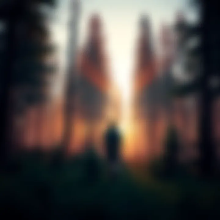 A person walking through a peaceful forest with tall trees and a warm sunset glow