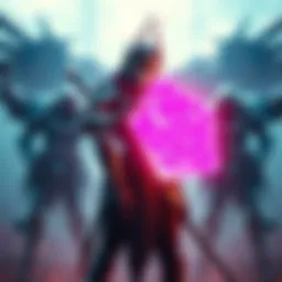 Hildryn, a strong character in Warframe, stands ready for battle with her energy shield activated, surrounded by powerful enemies.