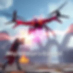 A character using Hildryn's Exalted ability against an Arbi Drone in a game setting, showing a vibrant energy attack that seems ineffective.